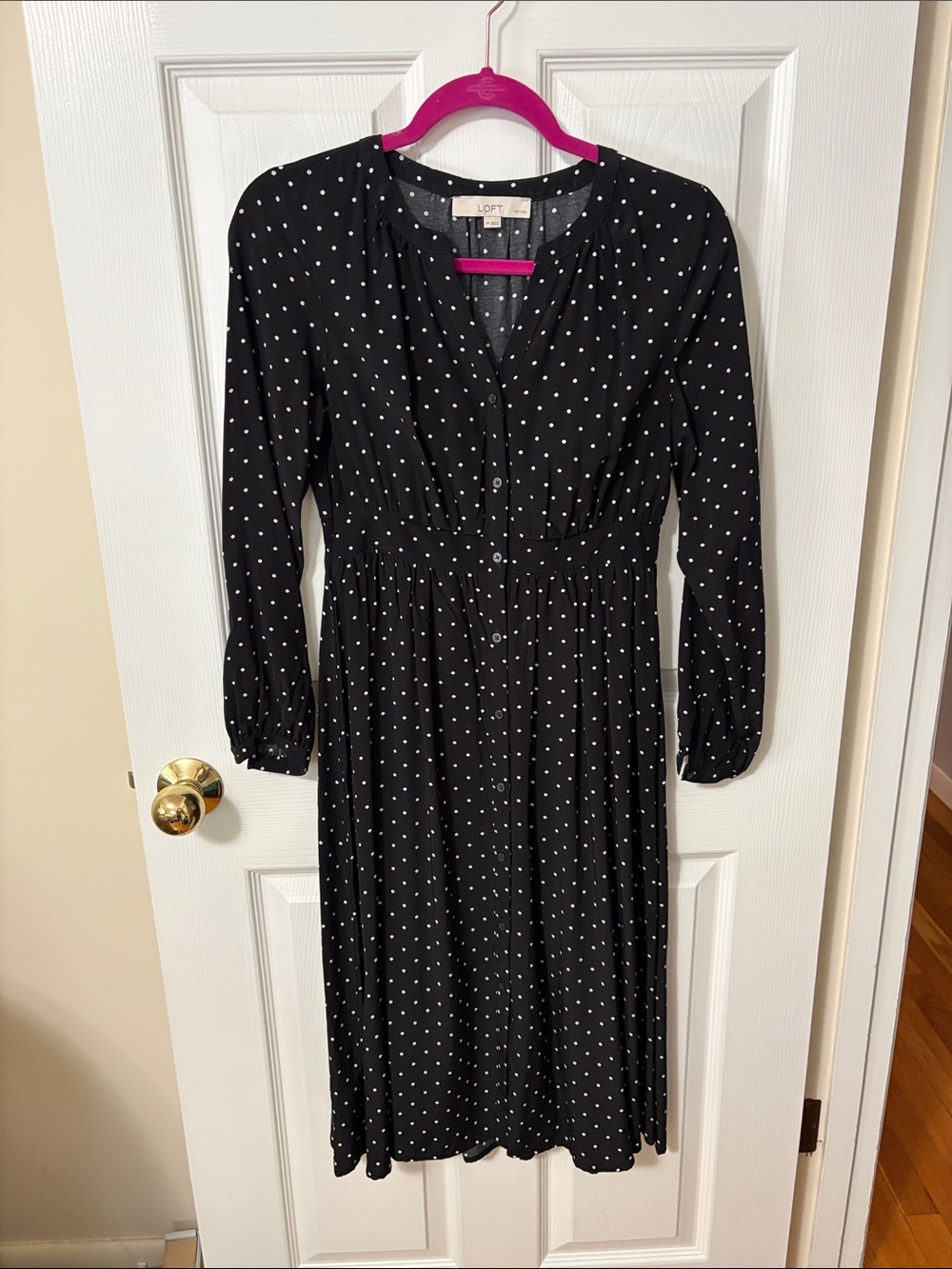 LOFT Black Polka Dot Long Sleeve Midi Dress with Gathered Waist